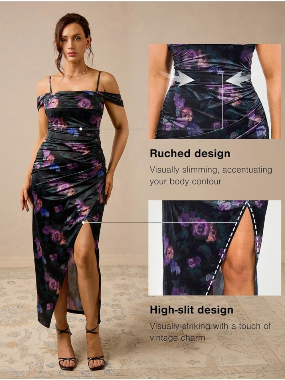 Off-Shoulder Ruched High-Slit Floral Midi Dress in Black and Purple Size 2XL NWT
